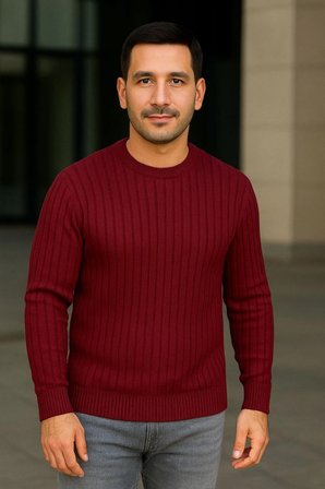 Modi Green Erkek Bisiklet Yuvarlak Yaka Triko Kazak Pamuklu Kalın Fitilli Dokuma, Regular Fit Uzun Kollu Kışlık Model - Bordo