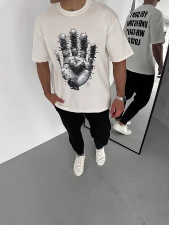Modi Green Unisex Bisiklet Yaka Baskılı Oversize T-Shirt - Beyaz