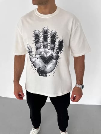 Modi Green Unisex Bisiklet Yaka Baskılı Oversize T-Shirt - Beyaz