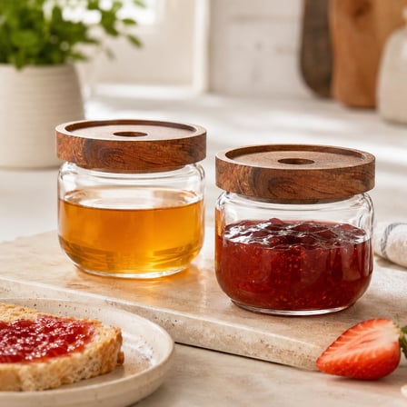 300 ml Cam Kahvaltılık 2’li Set, Akasya Kapaklı Şeffaf Cam Saklama Kavanozu, Kahvaltı Sunum Kabı, Zeytin Reçel Bal Kuruyemiş Sos Atıştırmalık Kavanozu