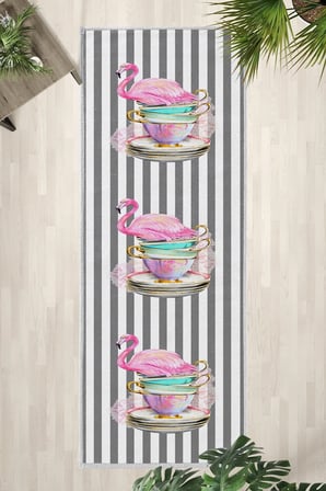 Fincanlı Flamingo Çizgiler Gri Beyaz Modern Mutfak Halısı Yıkanabilir Kaymaz Su İtici
