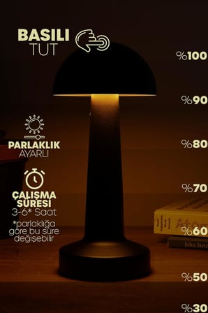 Şarjlı Mantar Masa Lambası Metal Dokunmatik 3 Işık Parlaklık Ayarlı Gece Masa Üstü Lamba (Siyah A4)