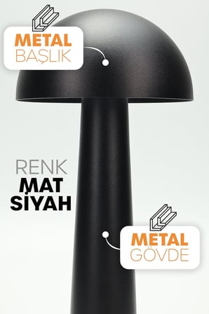 Şarjlı Mantar Masa Lambası Metal Dokunmatik 3 Işık Parlaklık Ayarlı Gece Masa Üstü Lamba (Siyah A4)