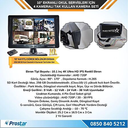 Kayıtlı 10" Dörde Bölünebilir 4 Kameralı AHD 720P Okul Servisler için Kamera Seti