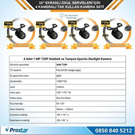 Kayıtlı 10" Dörde Bölünebilir 4 Kameralı AHD 720P Okul Servisler için Kamera Seti