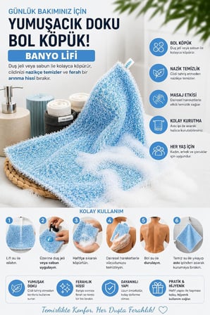 Banyo Lifi, | Yumuşak Dokulu, Bol Köpüren Vücut Temizleme Lifi | Askı İpli, Günlük Kullanıma Uygun Banyo Süngeri | Kadın Erkek Çocuk İçin 25x35CM (Mavi)