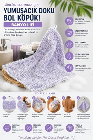 Banyo Lifi, | Yumuşak Dokulu, Bol Köpüren Vücut Temizleme Lifi | Askı İpli, Günlük Kullanıma Uygun Banyo Süngeri | Kadın Erkek Çocuk İçin 25x35CM (Mavi)