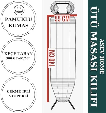 ASEV HOME Ütü Masası Kılıfı Keçeli İpli Stoperli Büyük Boy 55x140 cm Aura