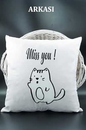 Harfli Kırlent Kılıfı Kadife 43X43 Cm Çift Taraflı K Harfi Kedi Desenli Evlilik Teklifi Doğum Günü
