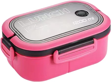 1200 ml 2 Katlı 6 Bölmeli BPA'sız PP Plastik Sefer Tası ve Beslenme Çantası - Hava Kilitli Bento Lunch Box, Çatal ve Kaşık Dahil (Pembe)
