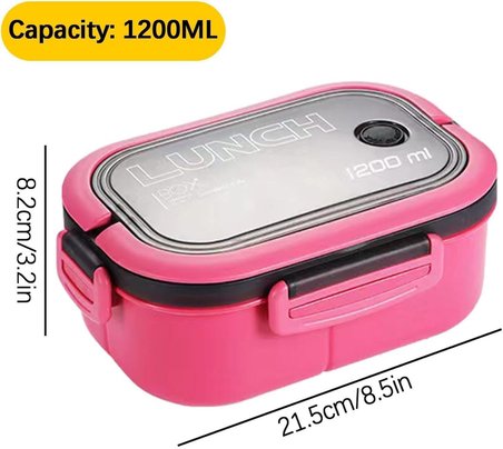 1200 ml 2 Katlı 6 Bölmeli BPA'sız PP Plastik Sefer Tası ve Beslenme Çantası - Hava Kilitli Bento Lunch Box, Çatal ve Kaşık Dahil (Pembe)