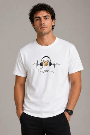 Modi Green Erkek Müzik Temalı Baskılı Tişört Bisiklet Yaka Kısa Kol T-Shirt - Beyaz