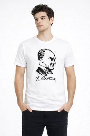 Modi Green Erkek Atatürk Baskılı Tişört Kısa Kollu Bisiklet Yaka T-Shirt - Beyaz
