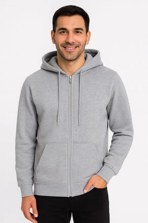 Modi Green Erkek Üç İplik Kapüşonlu Tam Fermuarlı Kanguru Çepli SweatShirt Hoodie - Gri