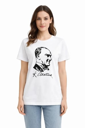 Modi Green Atatürk Baskılı Tişört Kısa Kollu Bisiklet Yaka T-Shirt - Beyaz
