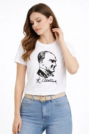 Modi Green Atatürk Baskılı Tişört Kısa Kollu Bisiklet Yaka T-Shirt - Beyaz