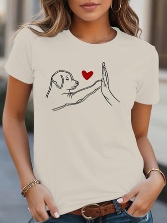 Kadın Kısa Kollu Bisiklet Yaka Köpek Baskılı Viskon Bluz - Beyaz / 2XL-3XL