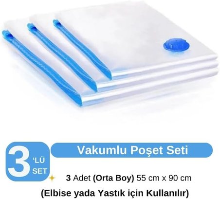 (3 ADET) ORTA BOY (55 cm x 90 cm) VAKUMLU POŞET - VAKUMLU HURÇ - VAKUMLU TORBA