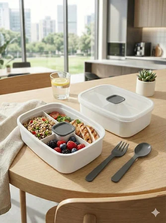 ViosStore Sızdırmaz Lunch Box – 3 Bölmeli Yemek Kabı | Öğle Yemeği Kutusu | Saklama Kabı | BPA İçermez (Beyaz)