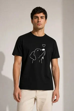 Modi Green Erkek Köpek Figürlü Minimal Baskılı Tişört Kısa Kol Yazlık T-Shirt - Siyah