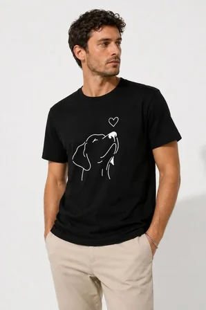 Modi Green Erkek Köpek Figürlü Minimal Baskılı Tişört Kısa Kol Yazlık T-Shirt - Siyah