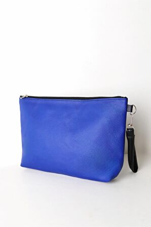 Kadın Vegan Deri Clutch Fermuarlı Mavi Baskılı Omuz Çantası