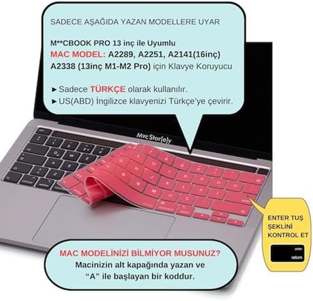 MacBook Pro Türkçe Q Çeviri Klavye Koruyucu US ANSI Amerikan Düz Enter A2338 M1 M2 A2251 A2289 A2141 Uyumlu Silikon Keyboard Cover Pembe