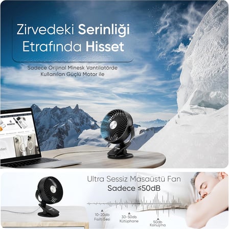 Mini Vantilatör - Masaüstü USB Fan - Klipsli Sabitleme - 360° Ayarlanabilir - Ultra Güçlü Hava Akımı ile Süper Serinlik Hissi - Portatif, Taşınabilir, Minimalist Tasarım (Siyah)