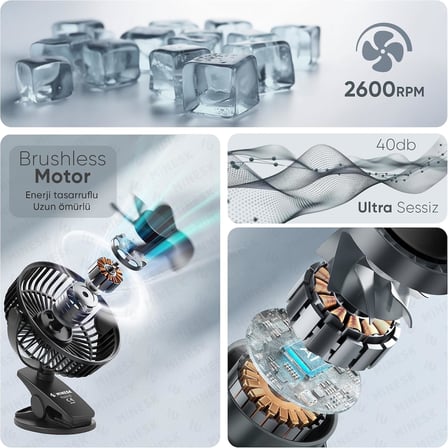 Mini Vantilatör - Masaüstü USB Fan - Klipsli Sabitleme - 360° Ayarlanabilir - Ultra Güçlü Hava Akımı ile Süper Serinlik Hissi - Portatif, Taşınabilir, Minimalist Tasarım (Siyah)