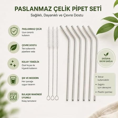 Orret Home 6’lı Krom Paslanmaz Metal Pipet Seti – 3 Adet Pipet Temizleme Fırçası Hediyeli, Çevre Dostu Metal Pipet, Dayanıklı Paslanmaz Çelik Pipet, Uzun &amp; Kısa İçecek Pipeti Seti (6 Lı Yan Set)