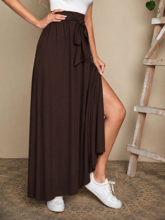Kadın Yüksek Bel Bei Kuşaklı Yandan Yırtmaçlı Uzun Sandy Etek - Kahve / 2XL-3XL