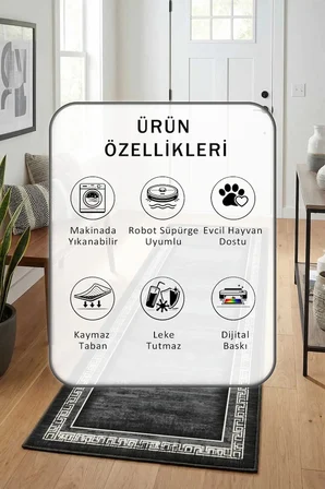 Salon Mutfak Yatak Odası Dijital Baskı Yolluk Halı Antrasit