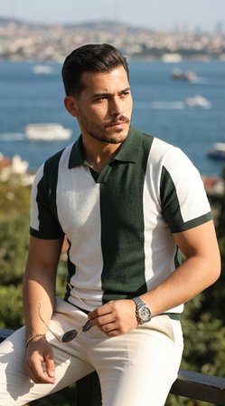 Modi Green Erkek Kısa Kollu Polo Yakalı Blok Desenli Triko Bluz