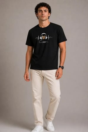 Modi Green Erkek Müzik Temalı Baskılı Tişört Bisiklet Yaka Kısa Kol T-Shirt - Siyah