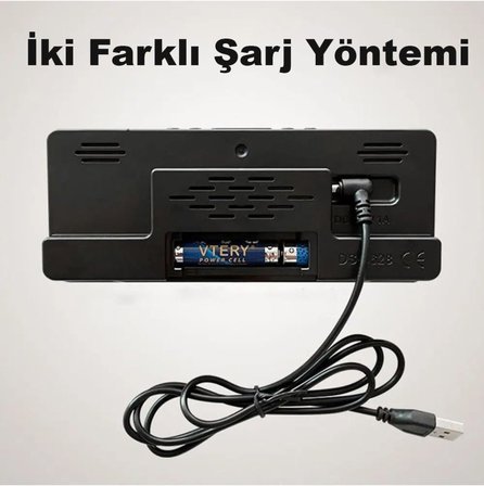 Masa Saati Derece Alarm Takvim Pil(Dahil Değildir)+Şarjlı Led Işıklı Dijital Siyah