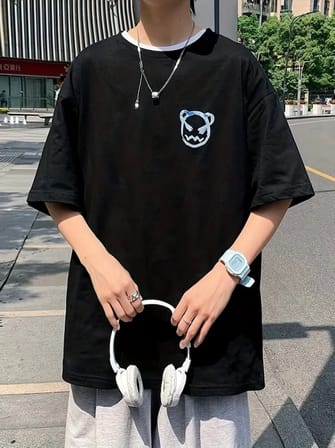 Modi Green Baskılı Oversize Bisiklet Yaka T-shirt - Siyah