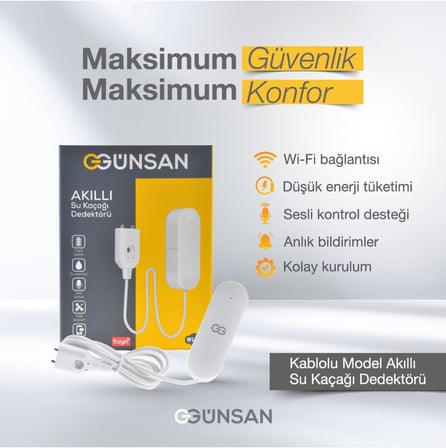 Akıllı Wifi Su Kaçağı Dedektörü (Kablolu) Tuya &amp; Smart Life Uyumlu