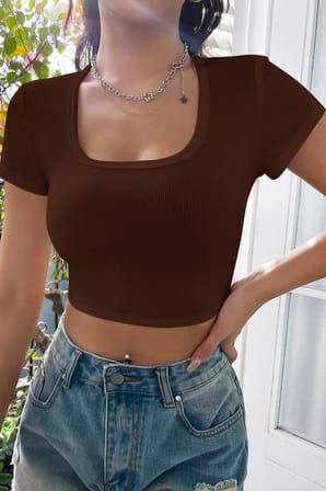 Modi Green Kadın Kahverengi Yarım Kol Düz Yaka Crop Top Bluz