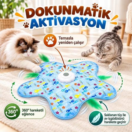 İnteraktif Kedi Oyuncağı - Otomatik Hareketli Tüy, Saklambaç Oyun Matı - 3 Modlu, Dokunmatik Aktivasyonlu, USB Şarjlı Elektronik Evcil Hayvan Eğlence Oyunu