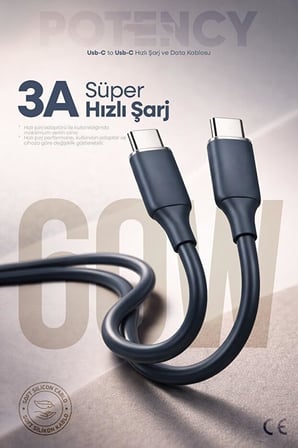 60W Potency Type-C to Type-C Isıya Dayanıklı Hızlı Şarj ve Data Kablosu 1.2m Siyah