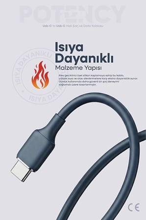 60W Potency Type-C to Type-C Isıya Dayanıklı Hızlı Şarj ve Data Kablosu 1.2m Siyah