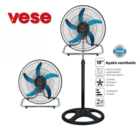Sanayi Tipi Ayaklı Vantilatör - 5 Metal Kanatlı, 3 Kademe Hız