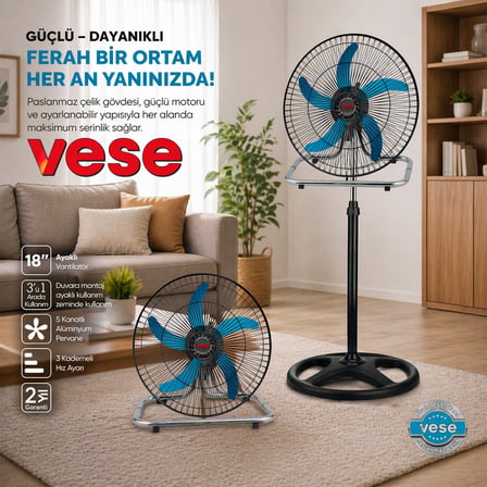 Sanayi Tipi Ayaklı Vantilatör - 5 Metal Kanatlı, 3 Kademe Hız