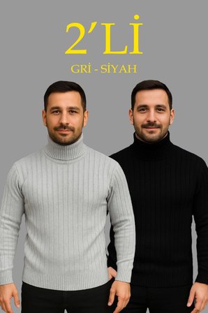 Modi Green Erkek Fitilli Triko Kazak 2li Set Gri Siyah Regular Balıkcı Yaka Tam Boğazlı Triko Seti Modeli Kazak