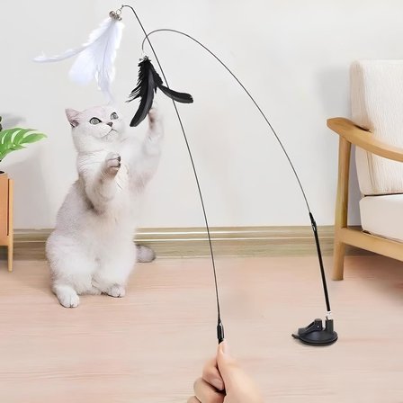 Vantuzlu Tüylü Zilli Olta Kedi Oyuncağı – 2 Oltalı, Esnek Yaylı, Avcılık İçgüdülerini Geliştiren, Kediler İçin Eğlenceli ve Dayanıklı Oyuncak