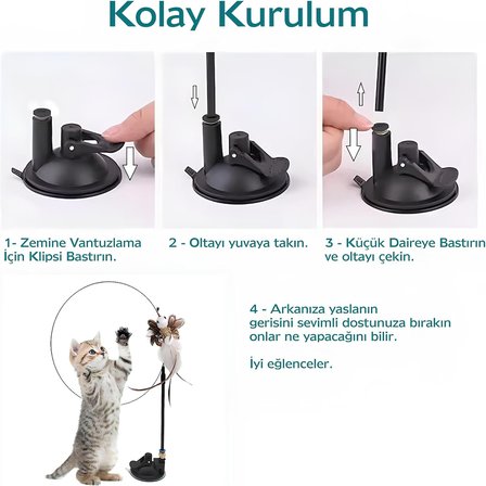 Vantuzlu Tüylü Zilli Olta Kedi Oyuncağı – 2 Oltalı, Esnek Yaylı, Avcılık İçgüdülerini Geliştiren, Kediler İçin Eğlenceli ve Dayanıklı Oyuncak