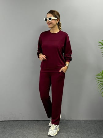 Kadın Uzun Kollu Bisiklet Yaka Viskon Iki Iplik Bluz Ve Pantolon Ikili Takım - Bordo / L-XL