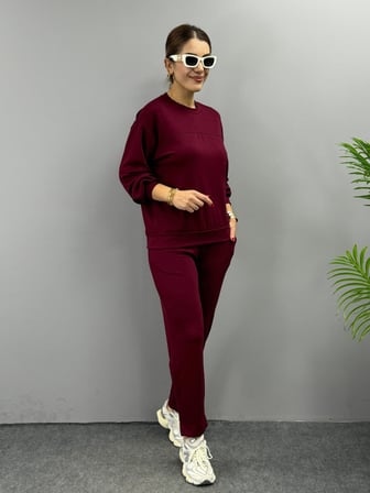 Kadın Uzun Kollu Bisiklet Yaka Viskon Iki Iplik Bluz Ve Pantolon Ikili Takım - Bordo / L-XL