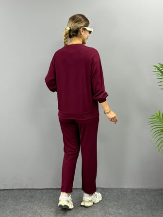 Kadın Uzun Kollu Bisiklet Yaka Viskon Iki Iplik Bluz Ve Pantolon Ikili Takım - Bordo / L-XL