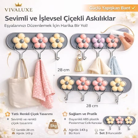 Çiçek Tasarımlı Duvar Askısı, 3’lü Metal Kanca Seti, Dekoratif Renkli Kapı ve Duvar Askısı, Mutfak, Banyo, Yatak Odası İçin Organizer Askı,